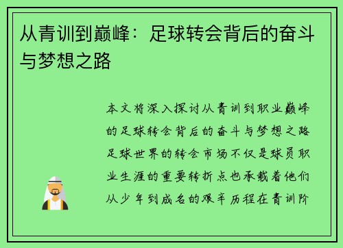 从青训到巅峰：足球转会背后的奋斗与梦想之路