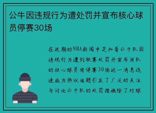 公牛因违规行为遭处罚并宣布核心球员停赛30场 