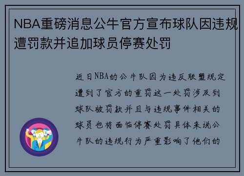 NBA重磅消息公牛官方宣布球队因违规遭罚款并追加球员停赛处罚